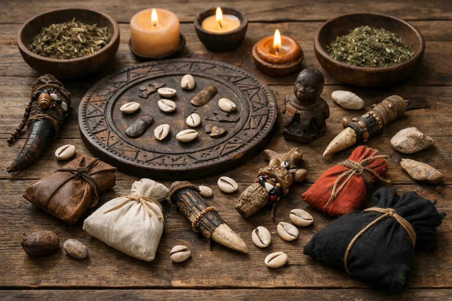 Objets rituels, épices, bougies, pierres et figurines sur une table en bois.