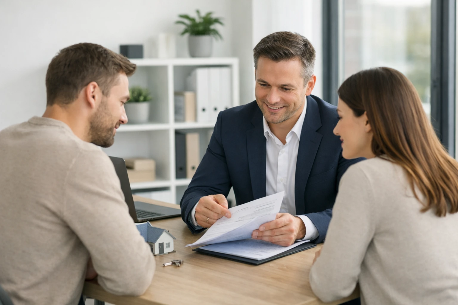 Photo réaliste montrant une réunion professionnelle dans une agence immobilière française, avec un conseiller présentant un dossier de gestion locative à un couple de propriétaires entre 35 et 50 ans. Bureau moderne et lumineux avec documents immobiliers visibles, ambiance rassurante et professionnelle. Lumière naturelle, couleurs neutres (blanc, beige, gris), style éditorial pour magazine immobilier. Aucun texte, logo ou watermark dans l