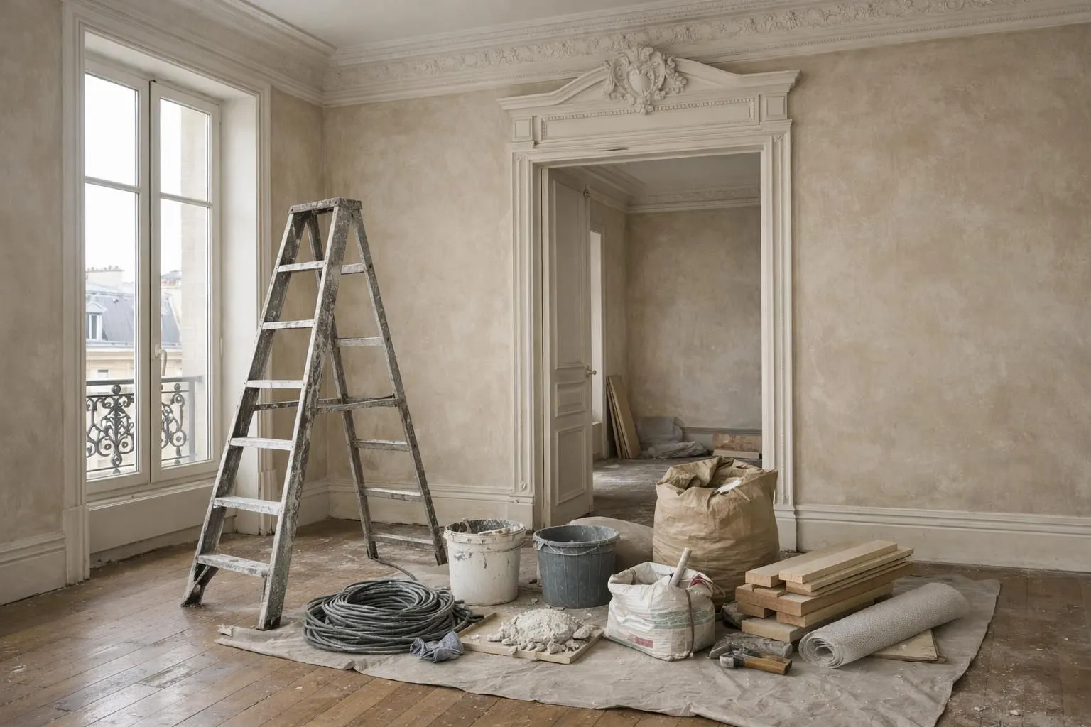 Intérieur d'appartement haussmannien en rénovation, mur avec enduit à la chaux fraîchement appliqué en texture mate naturelle beige clair, moulures décoratives restaurées visibles en partie haute avec détails sculptés, lumière naturelle douce provenant d'une fenêtre hors champ, échelle d'artisan et seaux de matériaux au sol, atmosphère professionnelle et authentique de chantier résidentiel français, aucun texte visible