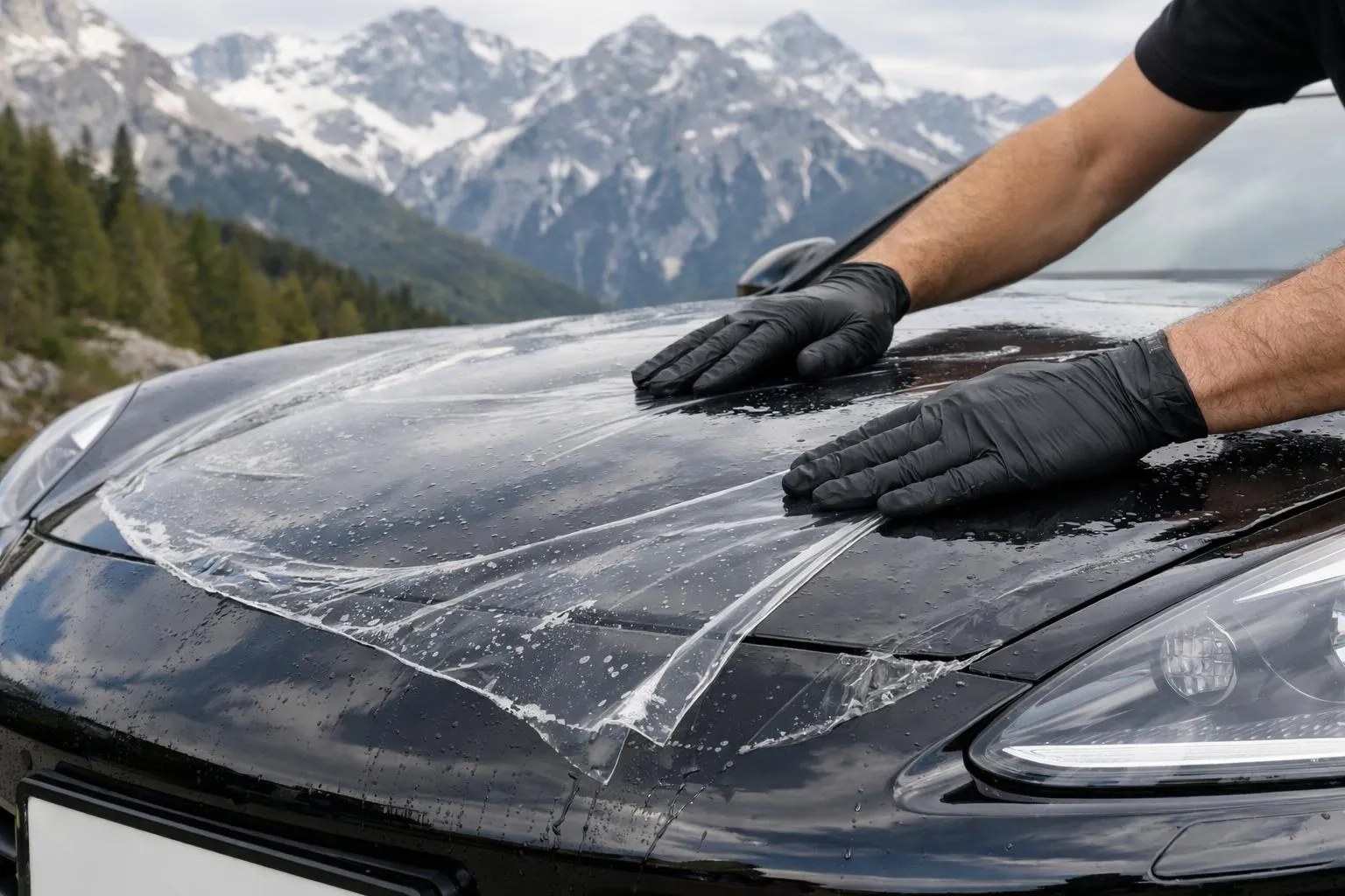 Close-up of transparent protective film being applied to a black luxury car hood with Alpine mountains visible in background, professional installer's gloved hands smoothing the material, Swiss license plate visible, realistic automotive detailing scene