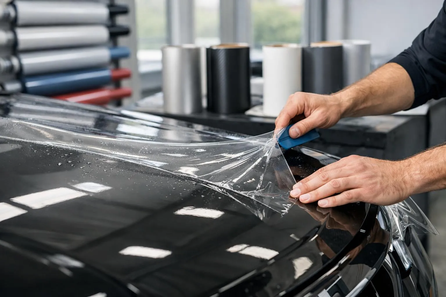 Professional technician applying transparent protective film on luxury car hood in modern workshop, showing three different film samples laid on workbench - standard clear, ceramic-coated, and self-healing film rolls visible in background, close-up hands smoothing film onto pristine black paint surface
