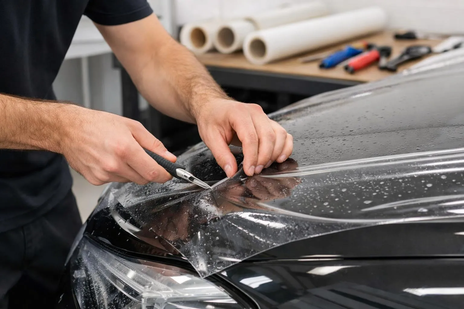 Professional automotive detailing technician carefully applying transparent paint protection film to the hood of a luxury car in a bright, spotless workshop environment in Lausanne, Switzerland, with precision cutting tools and PPF rolls visible on the workbench