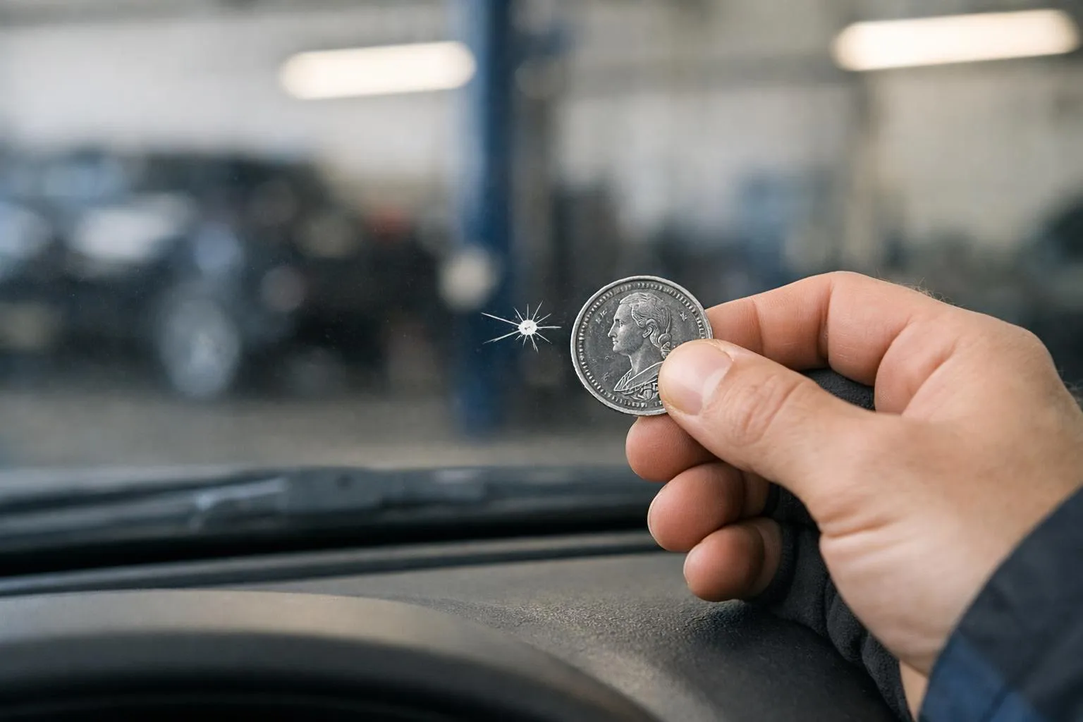 Pièce de monnaie argentée avec un profil de femme, tenue dans une main devant un pare-brise de voiture.