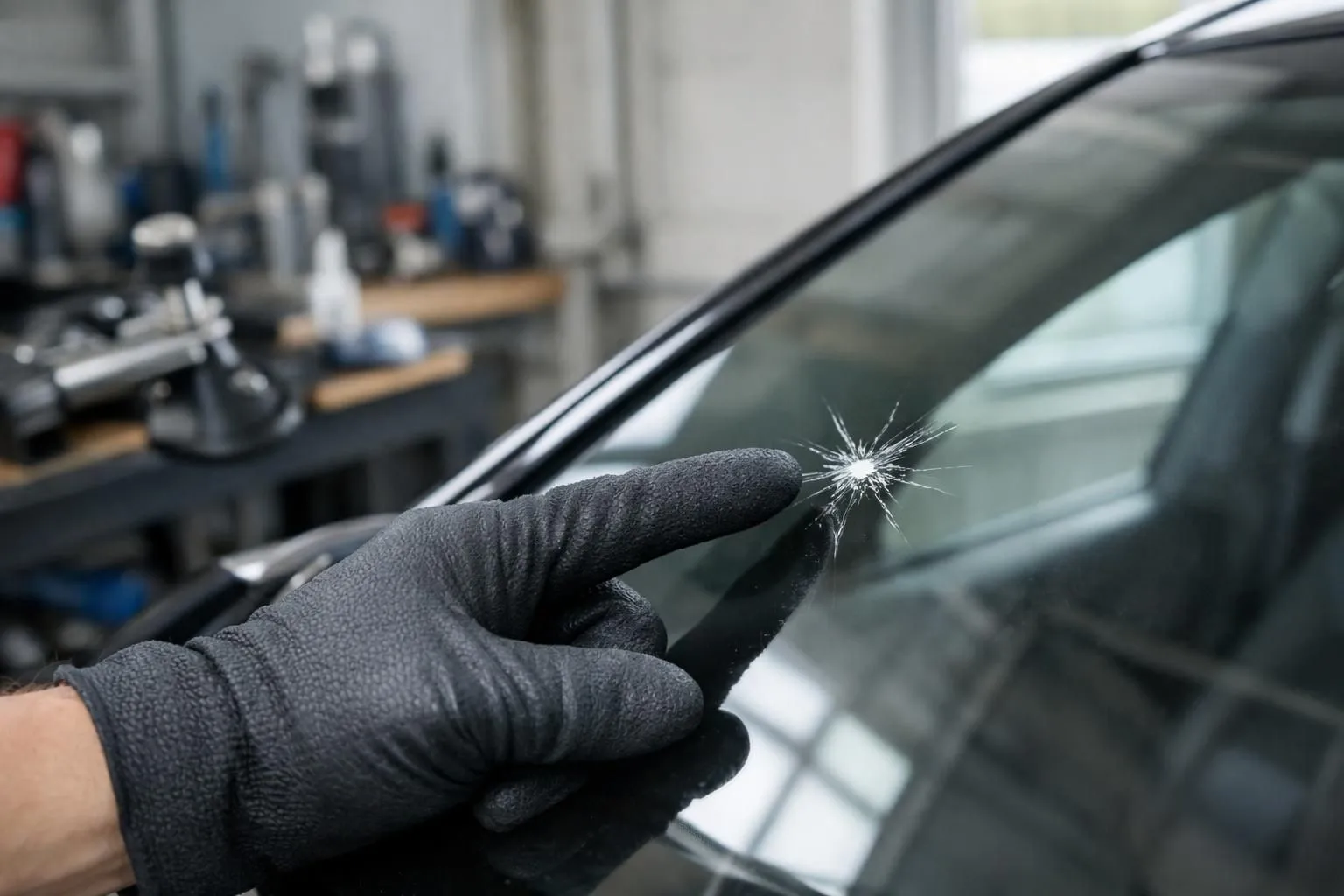 Gros plan sur une main gantée de technicien inspectant une fissure étoilée sur un pare-brise de voiture noire en atelier professionnel avec outils de réparation visibles en arrière-plan, éclairage naturel par fenêtre latérale