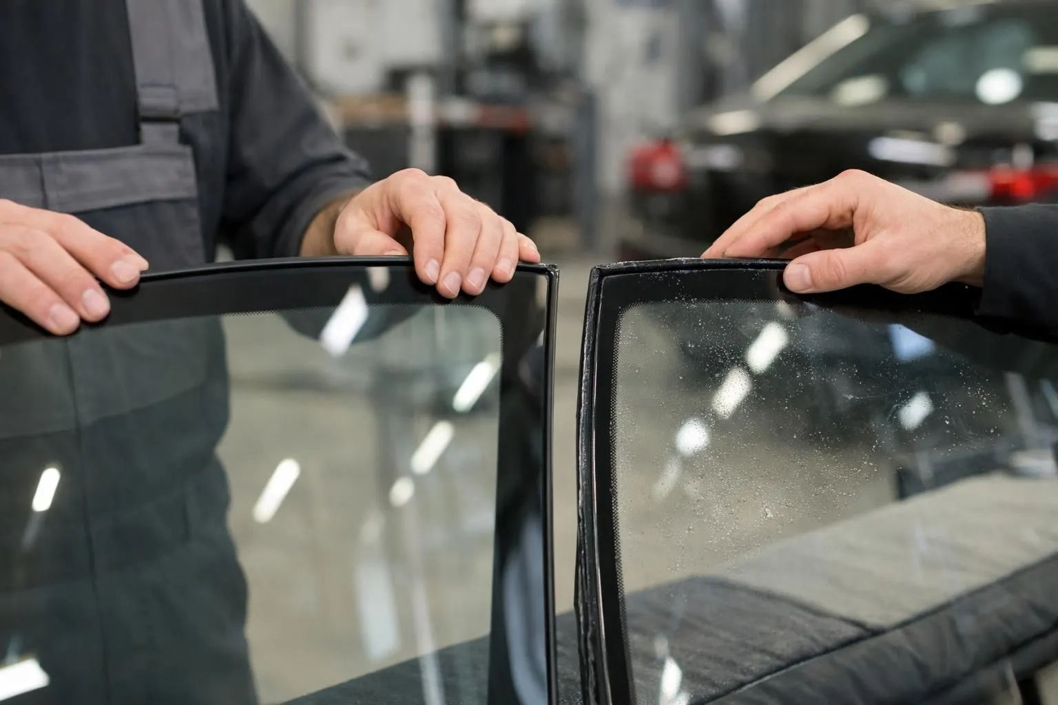Close-up photo of an automotive technician's hands comparing two windshields side by side in a professional workshop, one displaying visible quality differences in glass clarity and coating, with natural lighting highlighting the contrast between premium OEM glass and lower-grade aftermarket glass, no text or labels visible