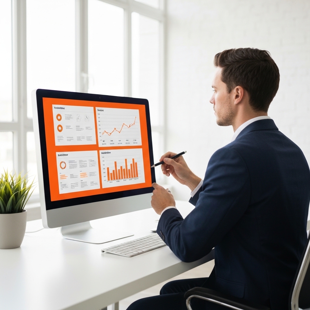 Professional marketer analyzing SaaS metrics dashboard on modern computer screen in bright contemporary office space