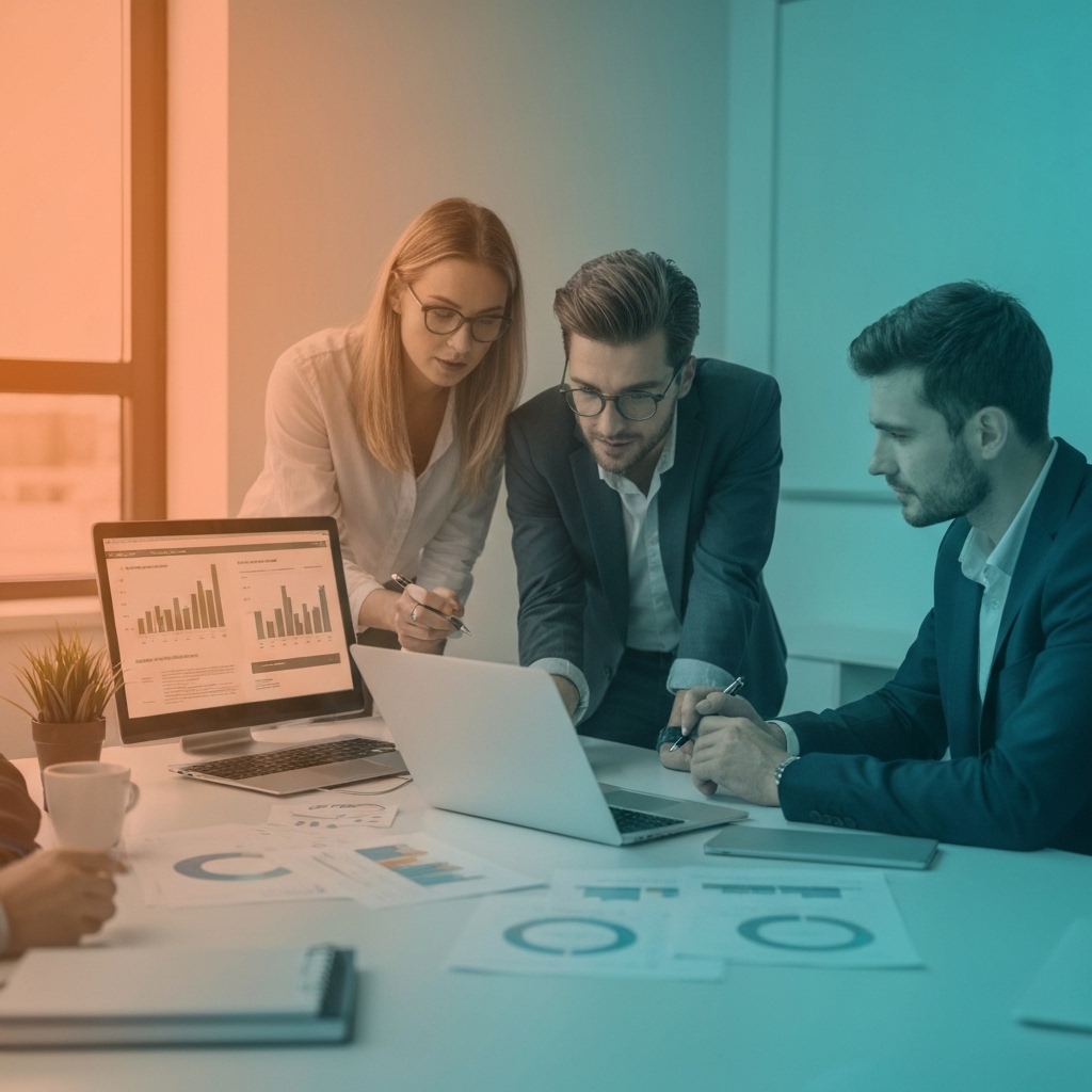 Business team reviewing subscription plans on laptop in modern office with pricing documents and digital dashboards visible on screen