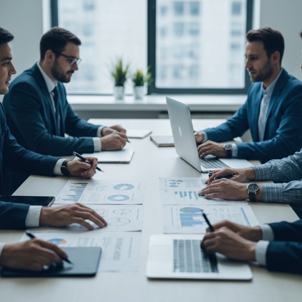Business executives in modern office discussing pricing strategy documents on conference table, professional corporate setting with laptops and charts visible