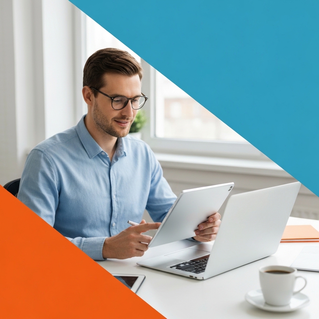 Modern Swiss entrepreneur working on tablet and laptop simultaneously in bright minimalist office, reviewing website interface with coffee cup nearby