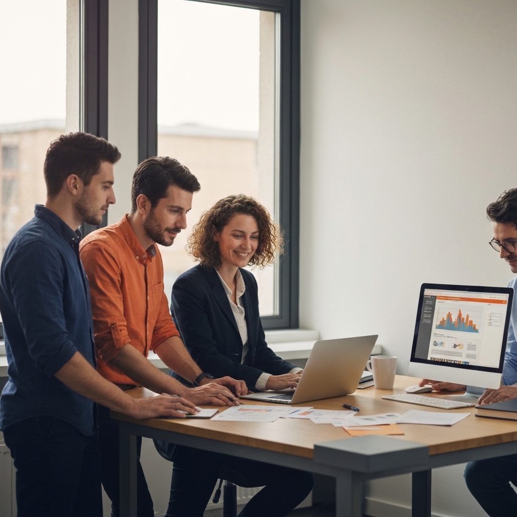 Small business team of three people collaborating around a laptop in bright modern office, analyzing marketing data on screen, natural lighting through windows