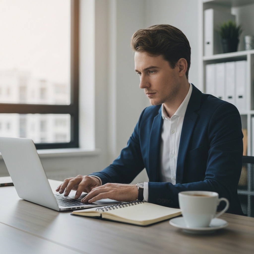 Entrepreneur focused on laptop screen showing SaaS dashboard analytics, surrounded by coffee cup and notebook in modern bright office workspace, natural lighting casting shadows, determined expression, realistic business scene without any text or numbers visible