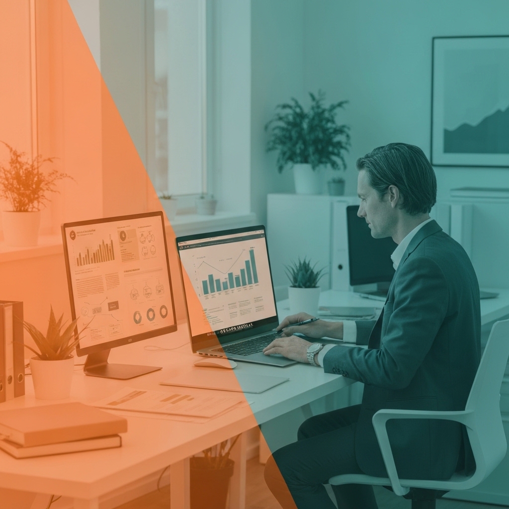 Business owner working at modern desk with laptop displaying analytics dashboard, natural office lighting, professional workspace with plants