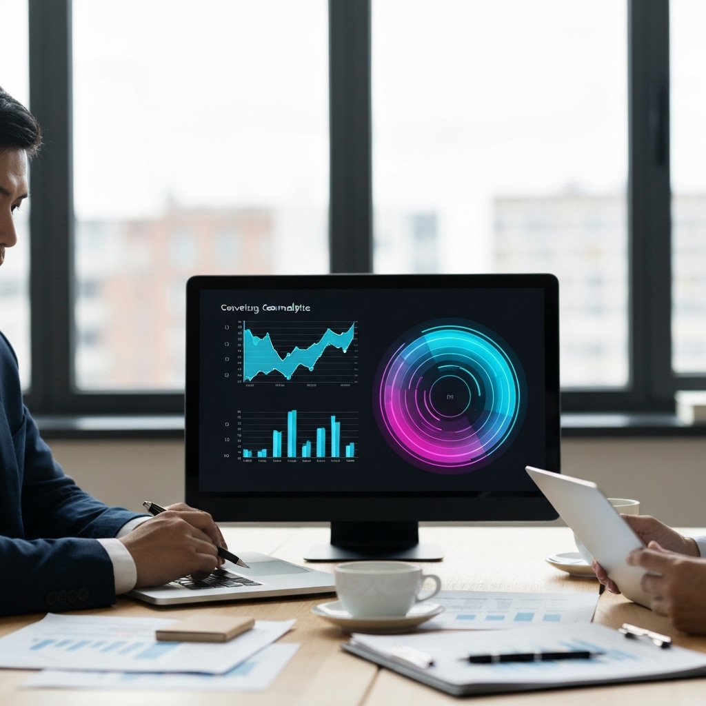 Marketing consultant analyzing conversion data on laptop in modern Swiss office with natural lighting, professional business setting with documents and coffee cup on desk