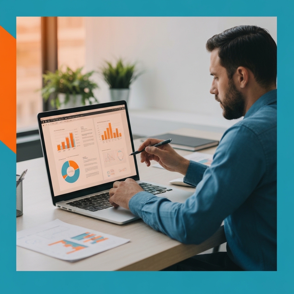 Business professional analyzing digital charts and graphs on laptop screen in bright modern office with plants and natural lighting