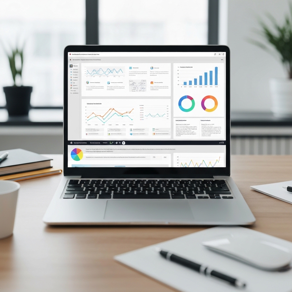 Entrepreneur working on laptop in modern office with digital dashboard displaying analytics and automation workflows on screen