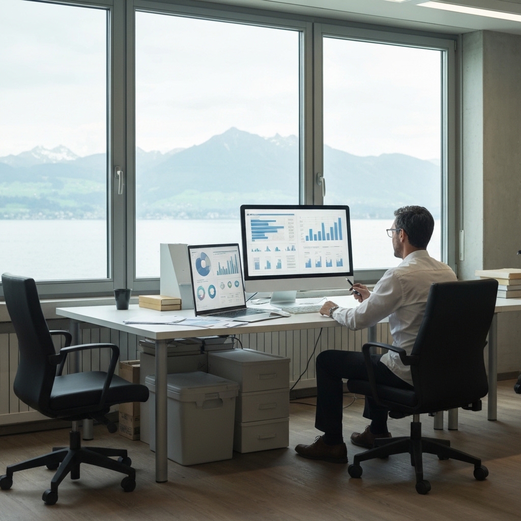 [A marketing strategist in a modern Geneva office, analyzing complex data visualizations on a large screen, with a subtle view of Lake Geneva through the window.]