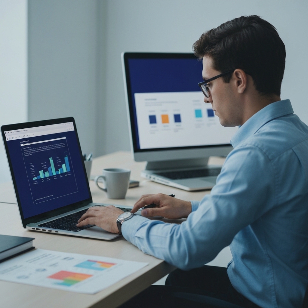 Professional marketer analyzing data on multiple screens in modern office, AI interface visualization on laptop