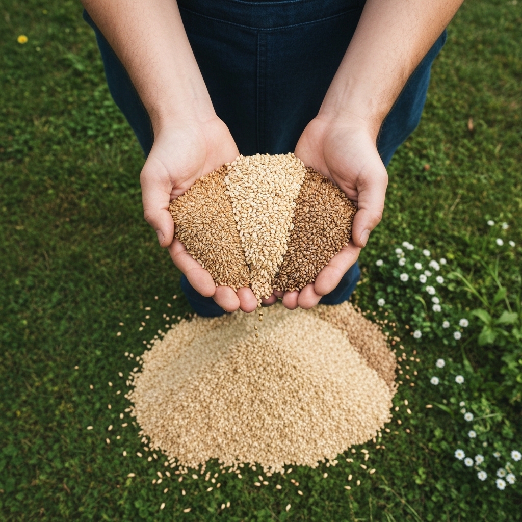 Close-up of hands holding colorful organic seed packets labeled with vegetables, surrounded by rich soil and sprouting seedlings in a French garden, natural morning light, shallow depth of field, realistic photography, warm earthy tones, trust and authenticity, high detail