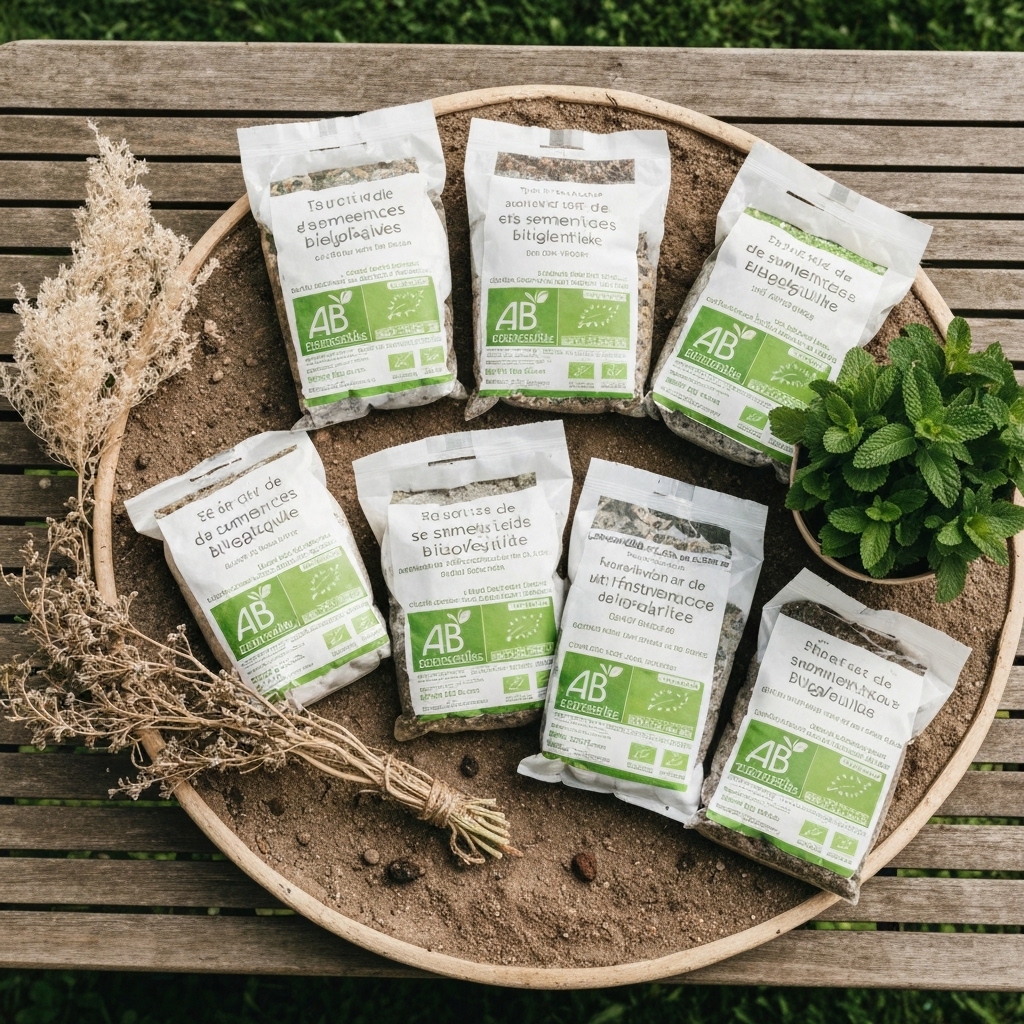 Close-up of organic seed packets with official AB and Eurofeuille certification labels, displayed on a rustic wooden garden table in France, surrounded by gardening gloves and soil, natural daylight, ultra-detailed textures, realistic photography, shallow depth of field, trustworthy and authentic atmosphere, no text visible except official bio logos