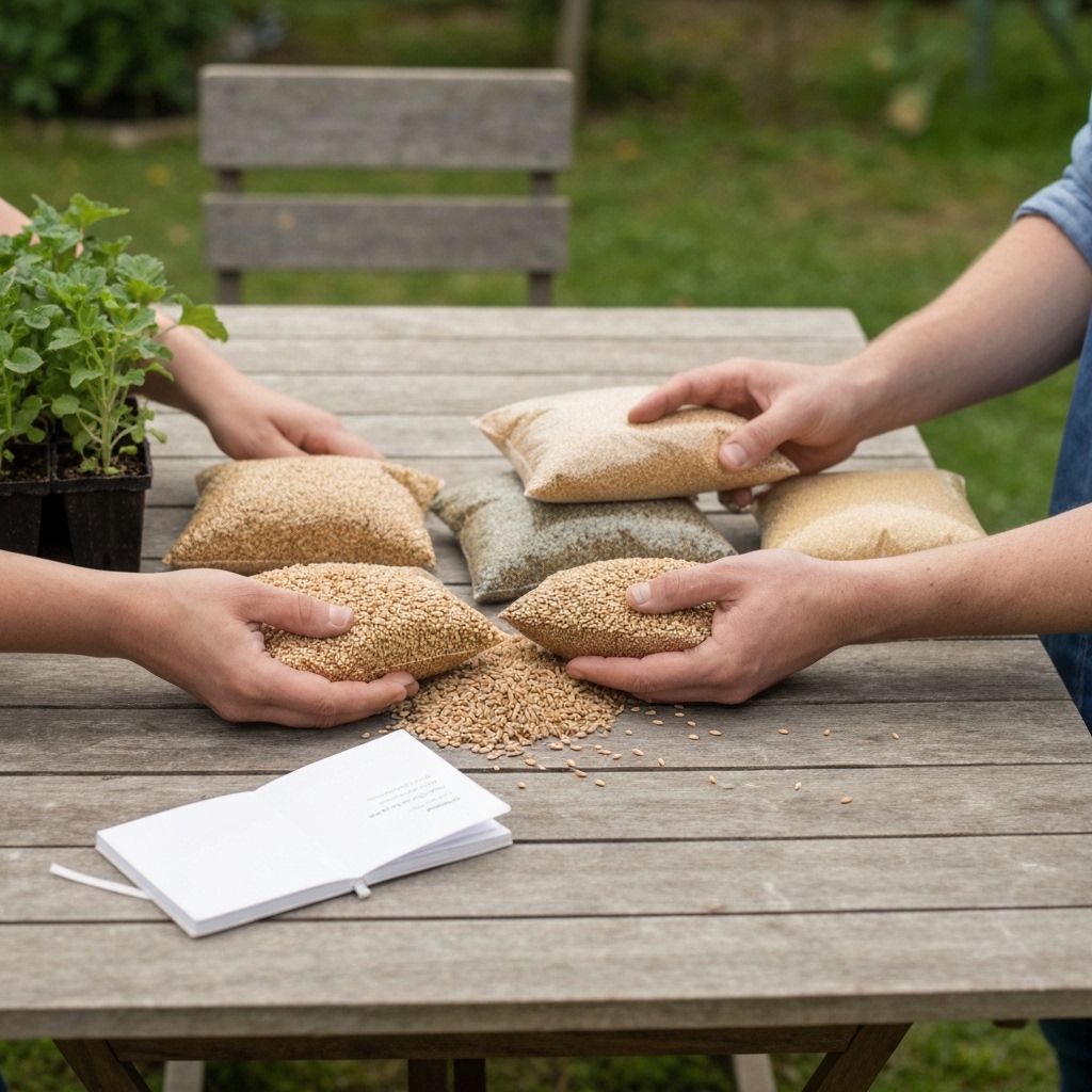 Close-up of open hands holding diverse heirloom seed packets and loose organic seeds on a rustic wooden garden table in a French potager, with seedling trays and gardening journal in soft natural light, realistic photography, shallow depth of field, authentic organic gardening atmosphere, earth tones, no text visible