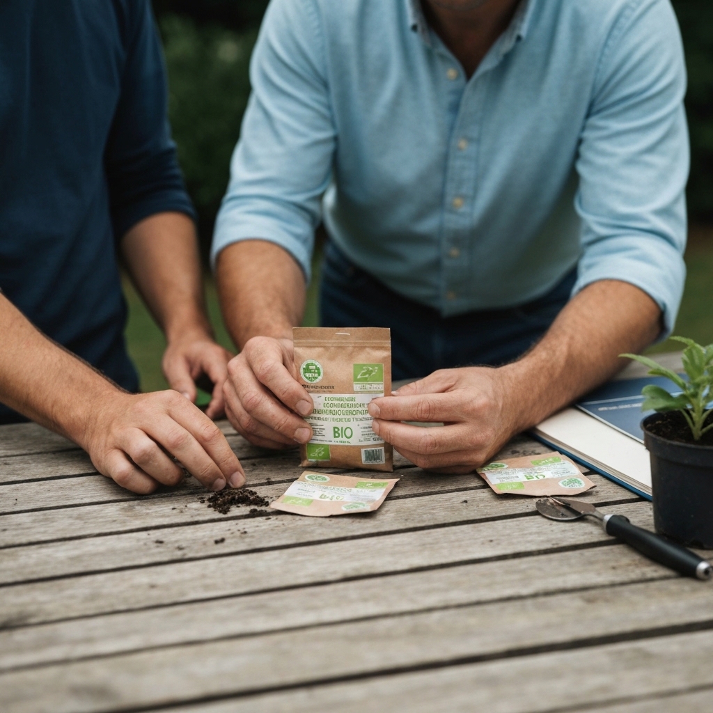Close-up hands inspecting organic seed packets on a wooden garden table in French garden, natural sunlight, organic certification labels visible, realistic photography, shallow depth of field, authentic gardening atmosphere, seed testing tools nearby, professional quality assessment scene, no text overlay