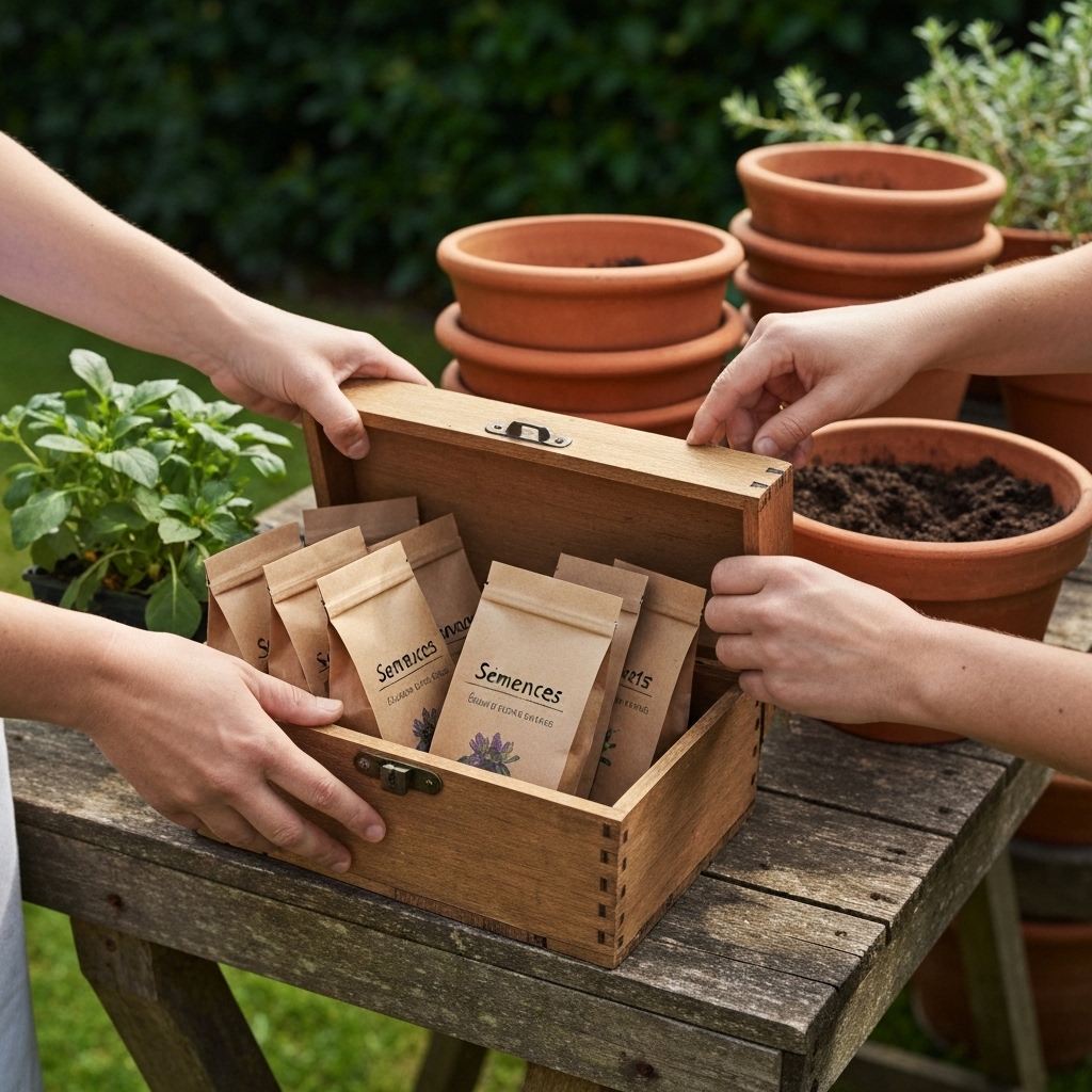Hands opening a wooden seed storage box filled with small labeled paper seed packets, on a rustic garden workbench with terracotta pots in background, natural morning light streaming through window, close-up photography showing texture of kraft paper packets, warm earthy tones, French cottage garden atmosphere, shallow depth of field, realistic lifestyle photography, organized and trustworthy mood