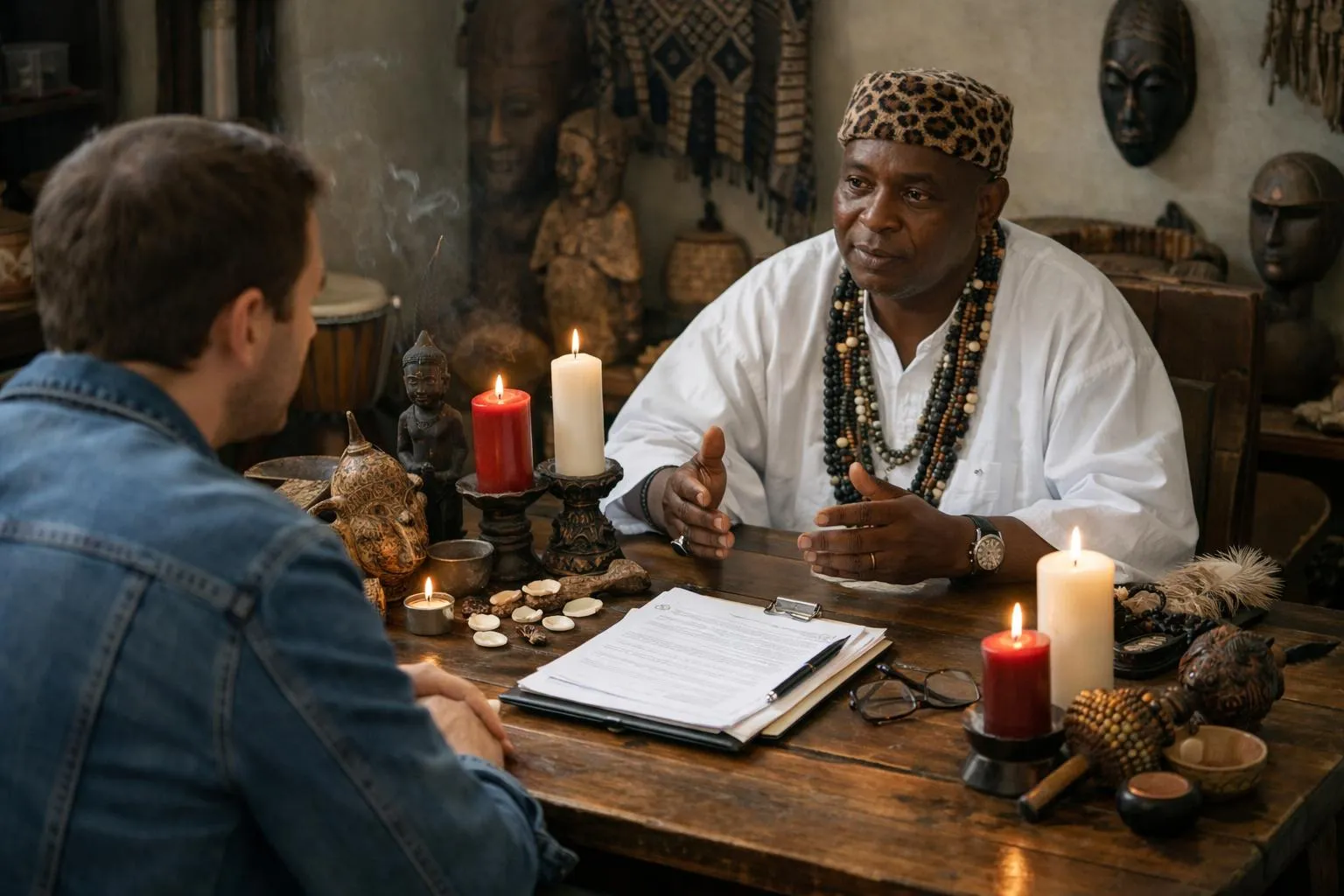 Homme africain en costume traditionnel conseillant un client dans un environnement mystique.