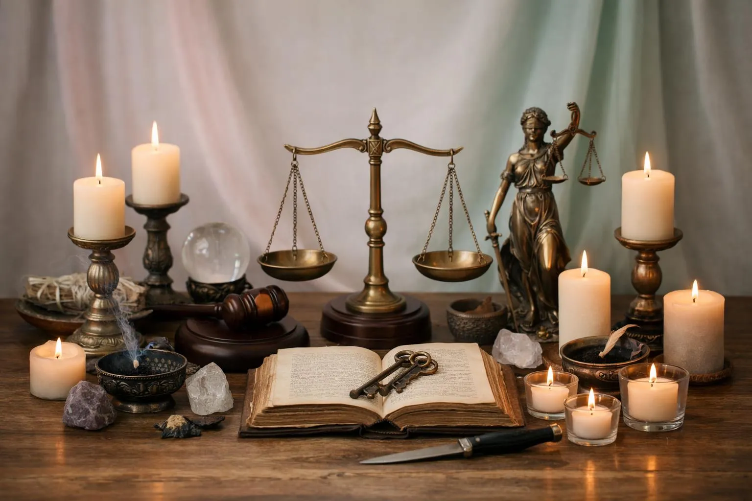 Objets de justice et de spiritualité sur une table en bois.