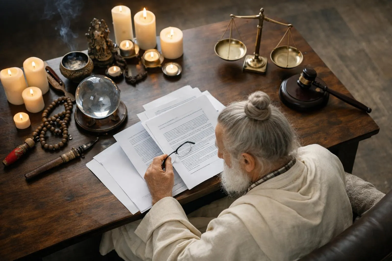 Vieux sage barbu examinant des documents sur une table avec des objets mystiques.
