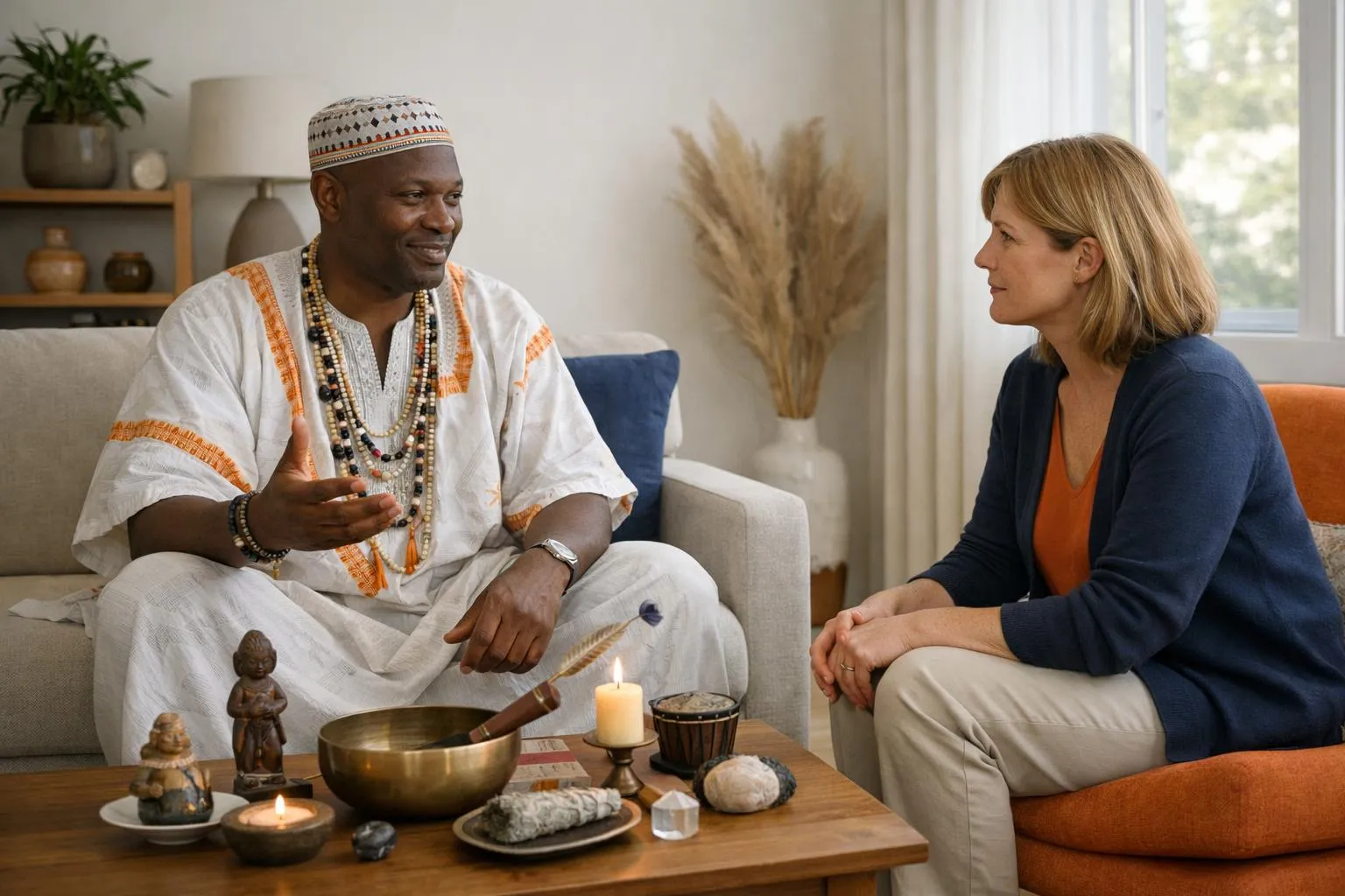 Homme africain en costume traditionnel discutant avec une femme dans un intérieur chaleureux.