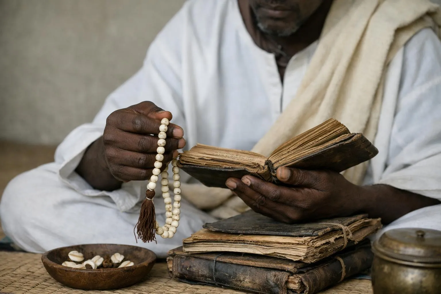 Homme africain lisant un livre ancien avec des perles de prière.