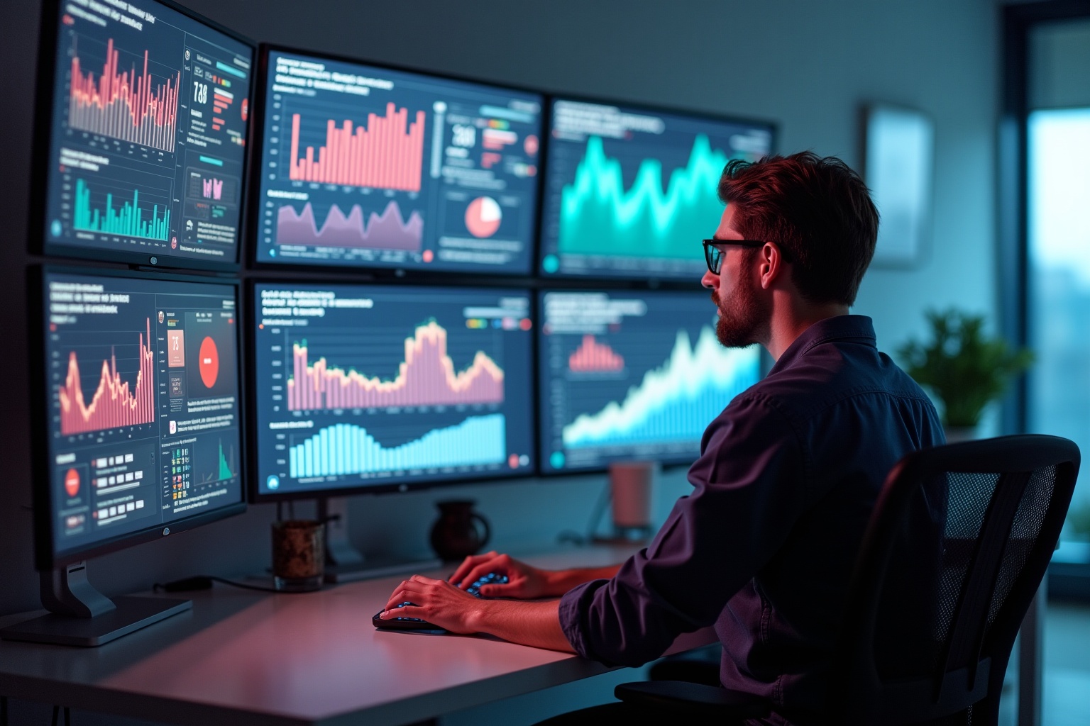 Homme analysant des graphiques financiers sur plusieurs écrans.