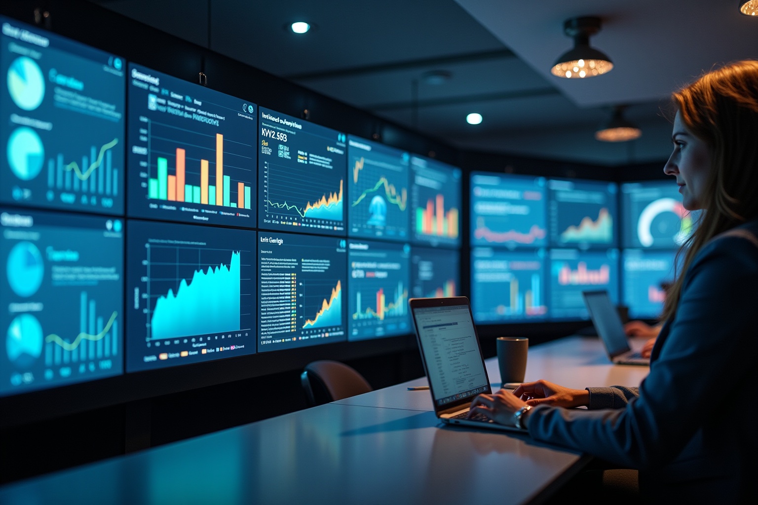 Écran d'ordinateur affichant des graphiques et des données financières, un analyste travaillant sur un ordinateur portable.