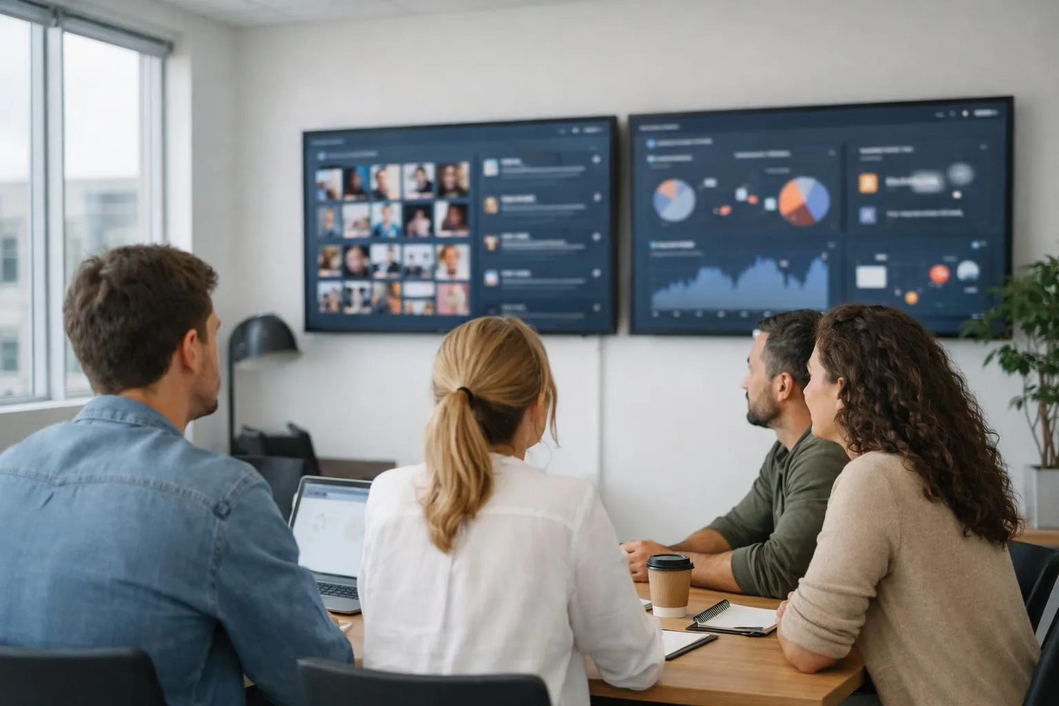 Groupe de personnes analysant des données sur des écrans dans un bureau.