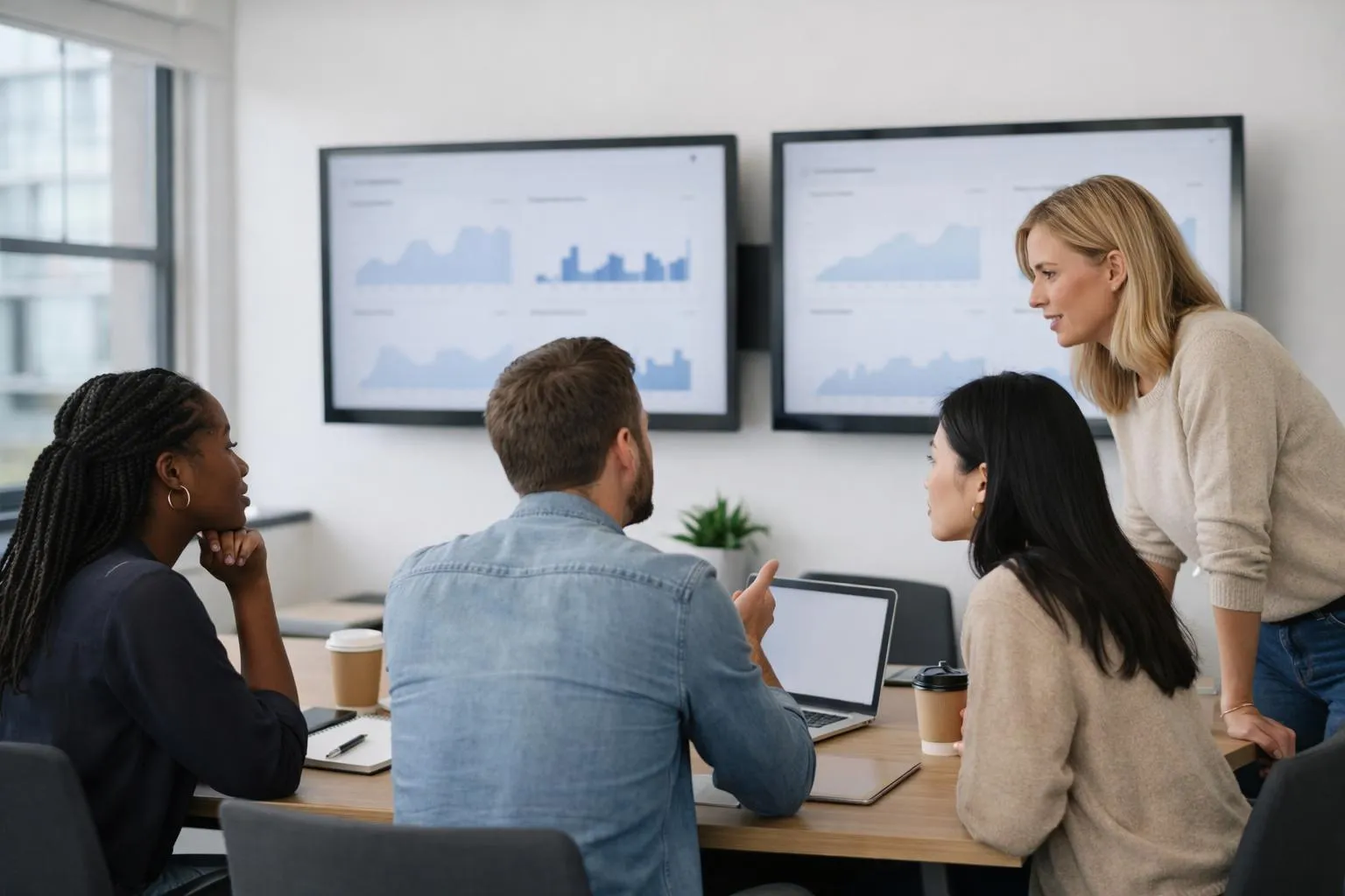 Équipe de professionnels discutant de graphiques sur des écrans dans un bureau moderne.