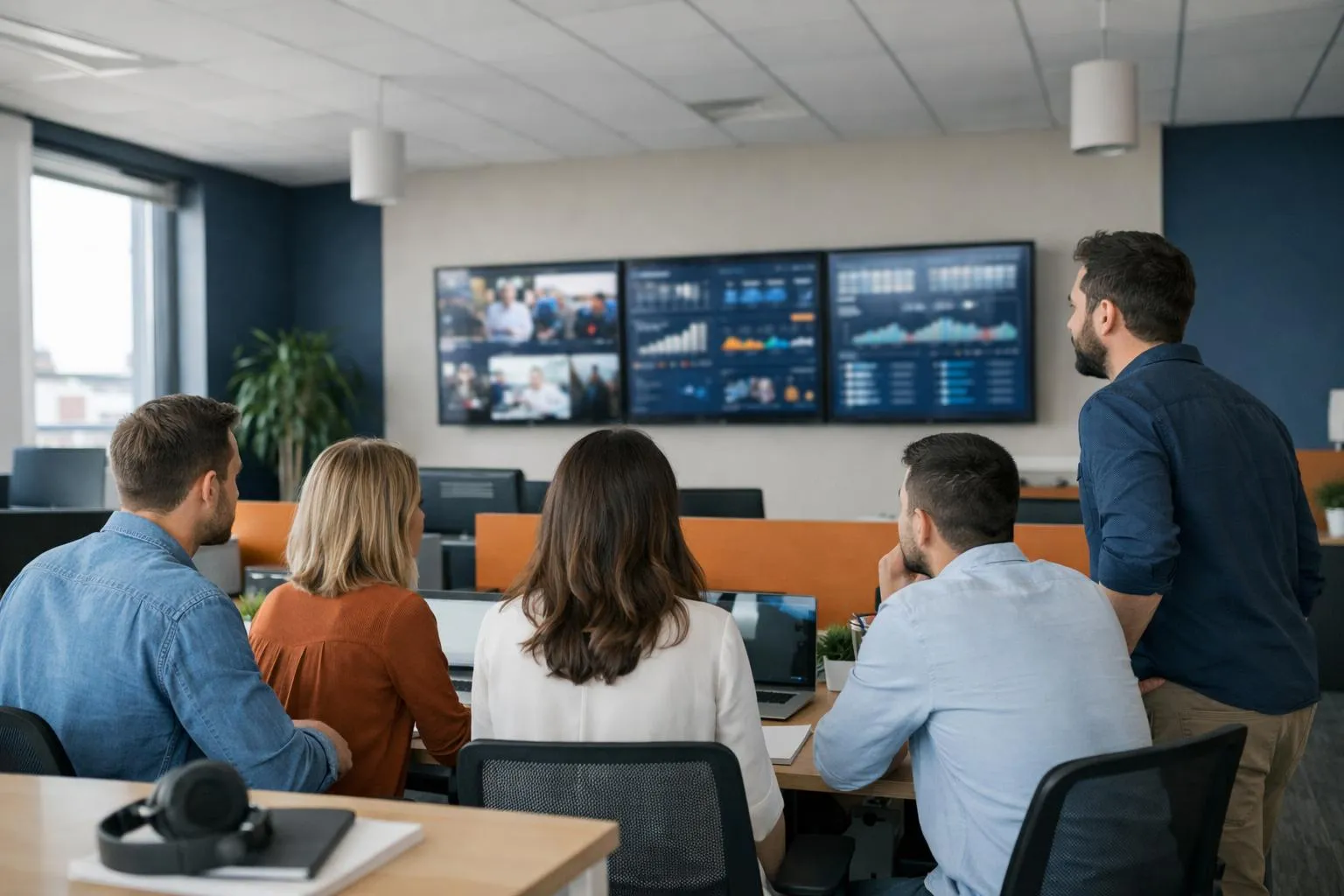 Un bureau moderne à aire ouverte avec des professionnels du marketing consultant plusieurs écrans affichant des flux médiatiques en temps réel, des articles d'actualité et des fils de médias sociaux, avec des tableaux de bord de visualisation de données montrant les tendances et l'analyse de sentiment, une atmosphère professionnelle avec un é