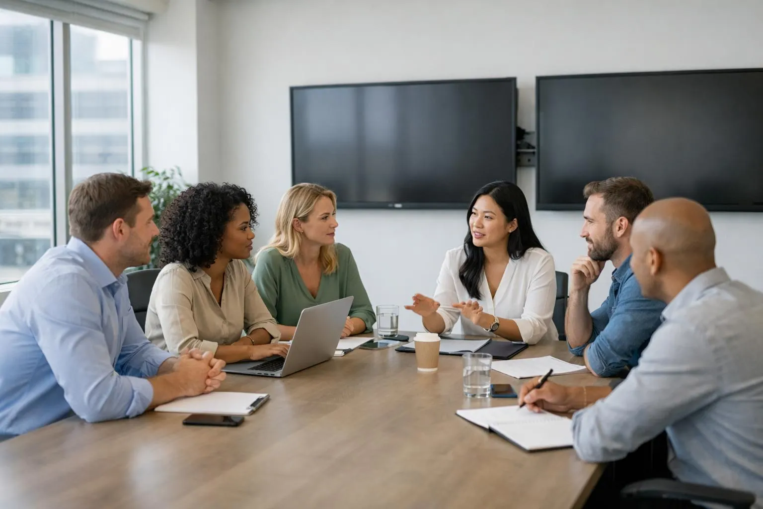 Une équipe diversifiée de professionnels du marketing se réunit autour d'une table de conférence avec des tableaux de bord numériques affichant des métriques et des alertes médias sur de grands écrans, analysant des documents et des graphiques stratégiques, dans un cadre de bureau d'entreprise moderne avec un é