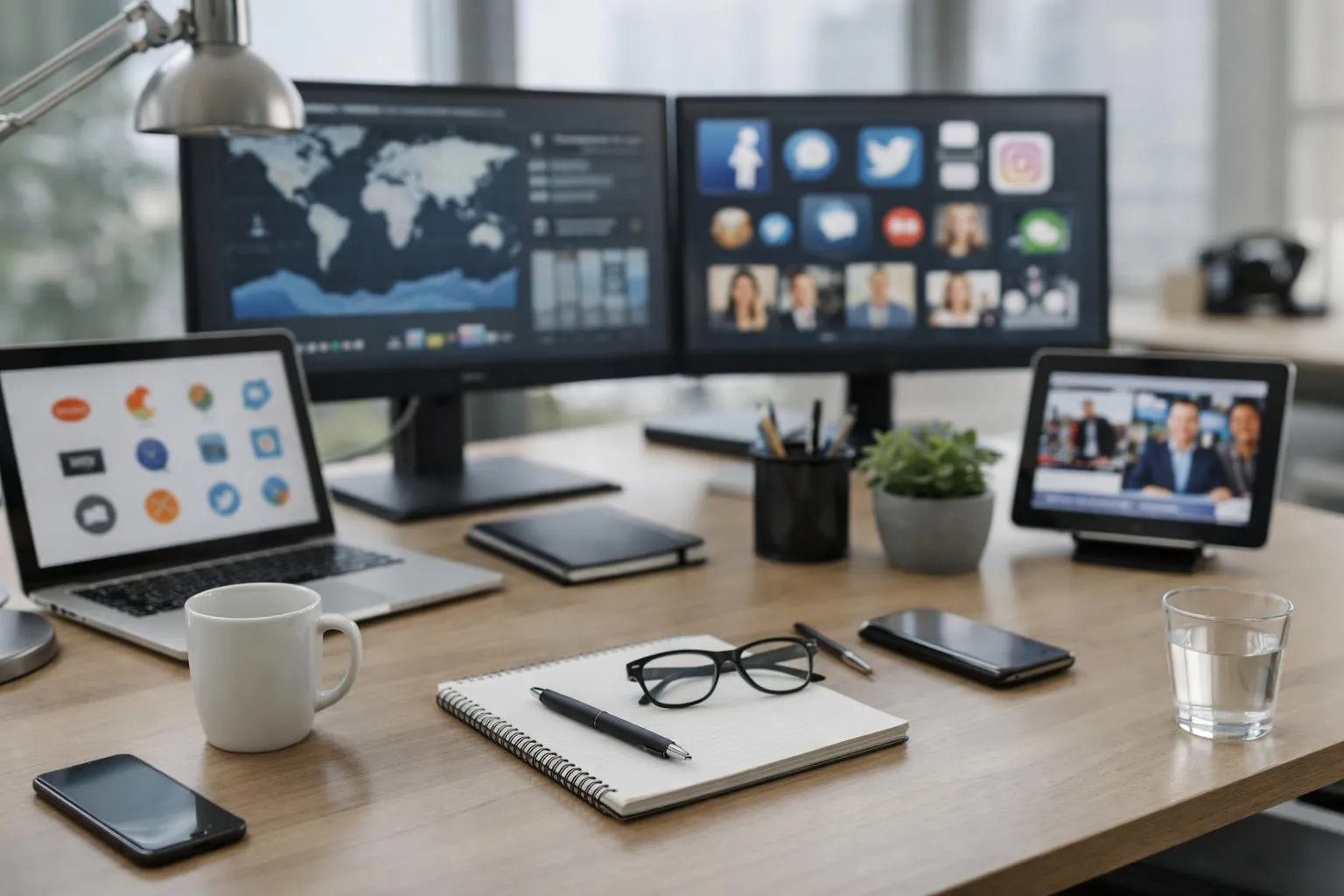 Un professionnel du marketing dans un bureau moderne analysant plusieurs écrans numériques affichant diverses sources médiatiques, flux d'actualités, plateformes de médias sociaux et logos de concurrents organisés en grappes stratégiques, avec des éléments de visualisation de données montrant la couverture géographique et les métr