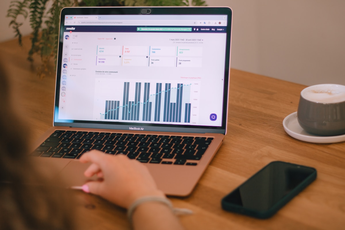 Ordinateur portable avec graphiques et statistiques sur un bureau en bois avec une tasse de café.