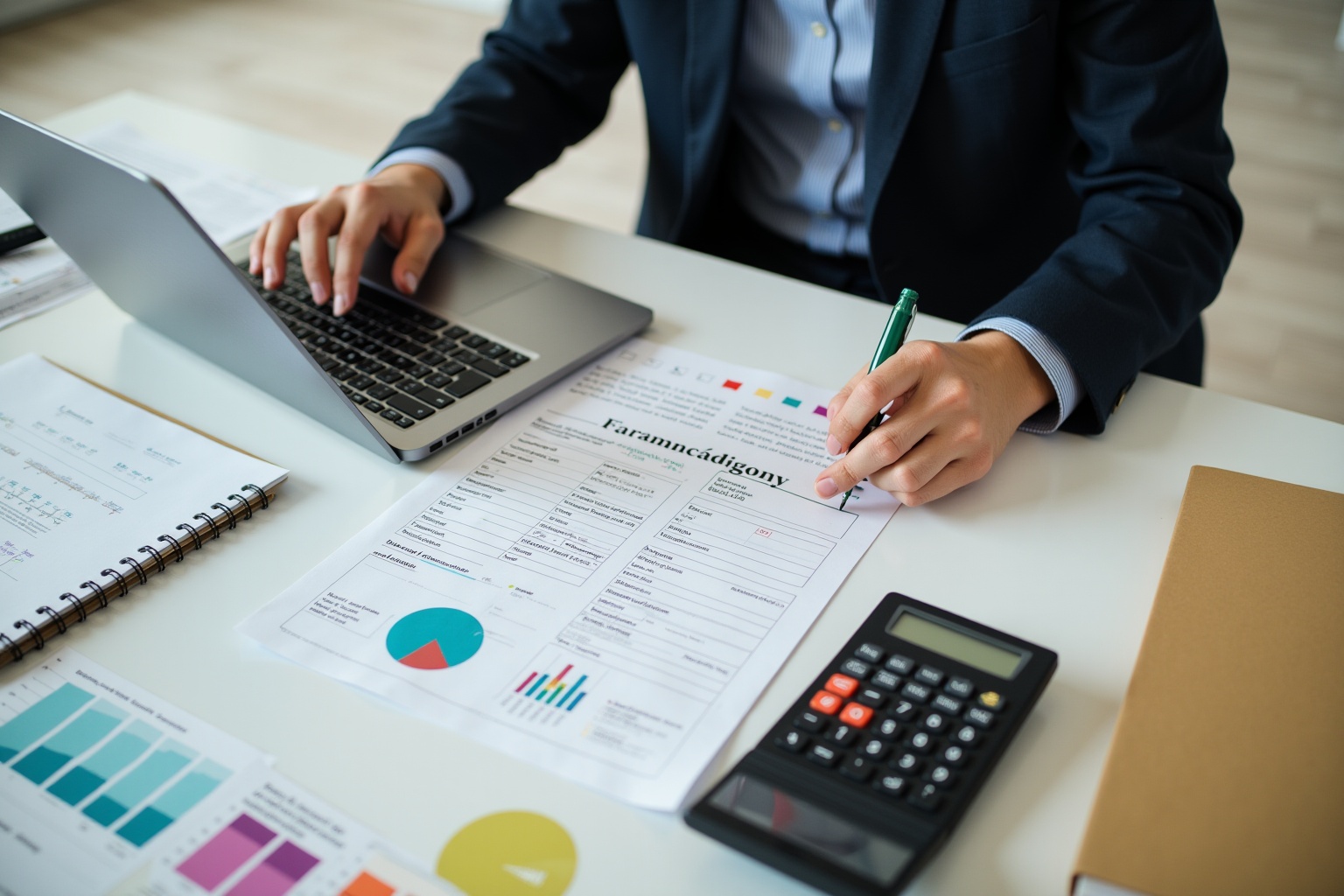 Homme d'affaires travaillant sur un ordinateur portable, analysant des documents et des graphiques.