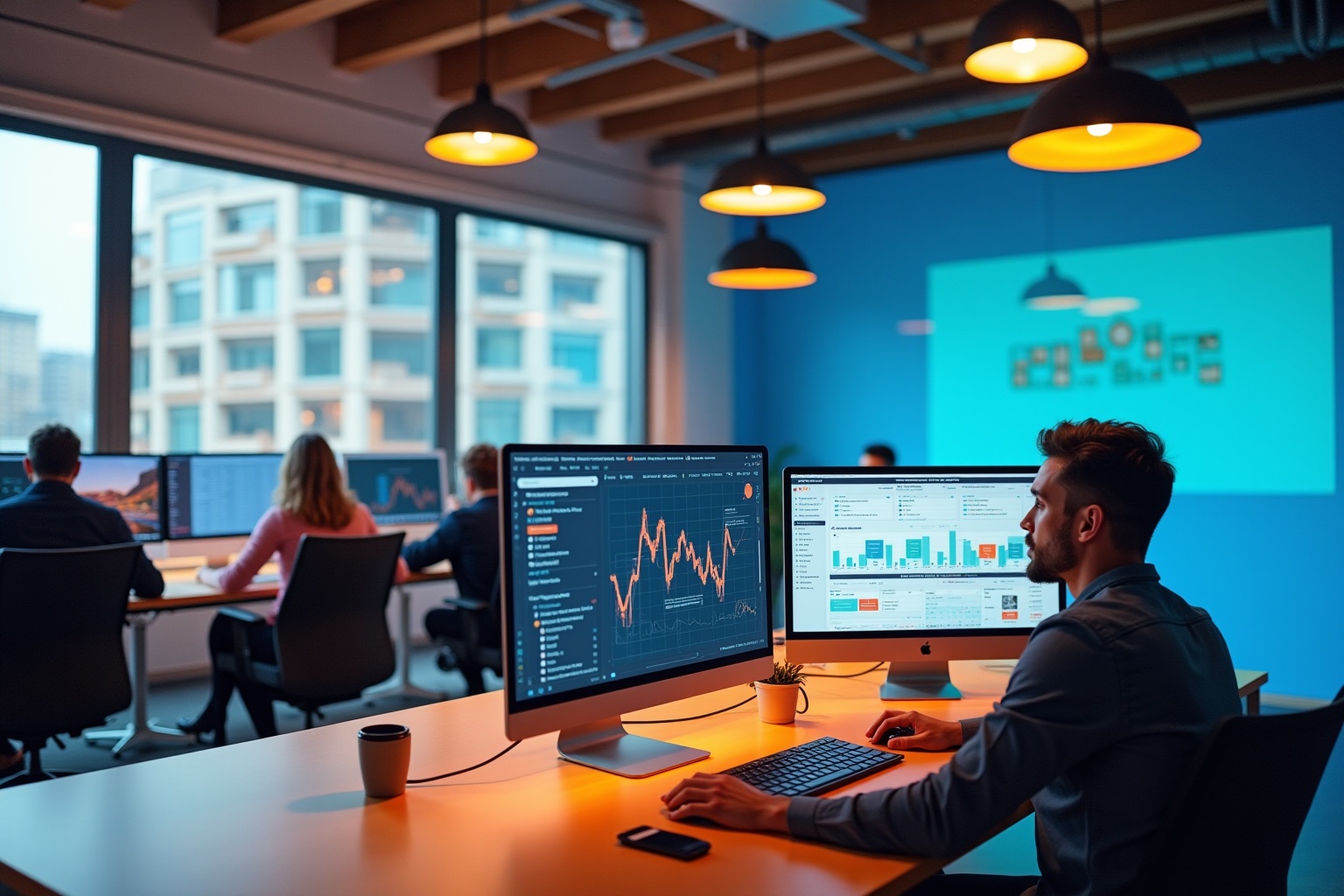 Bureau de travail avec ordinateurs et graphiques financiers.