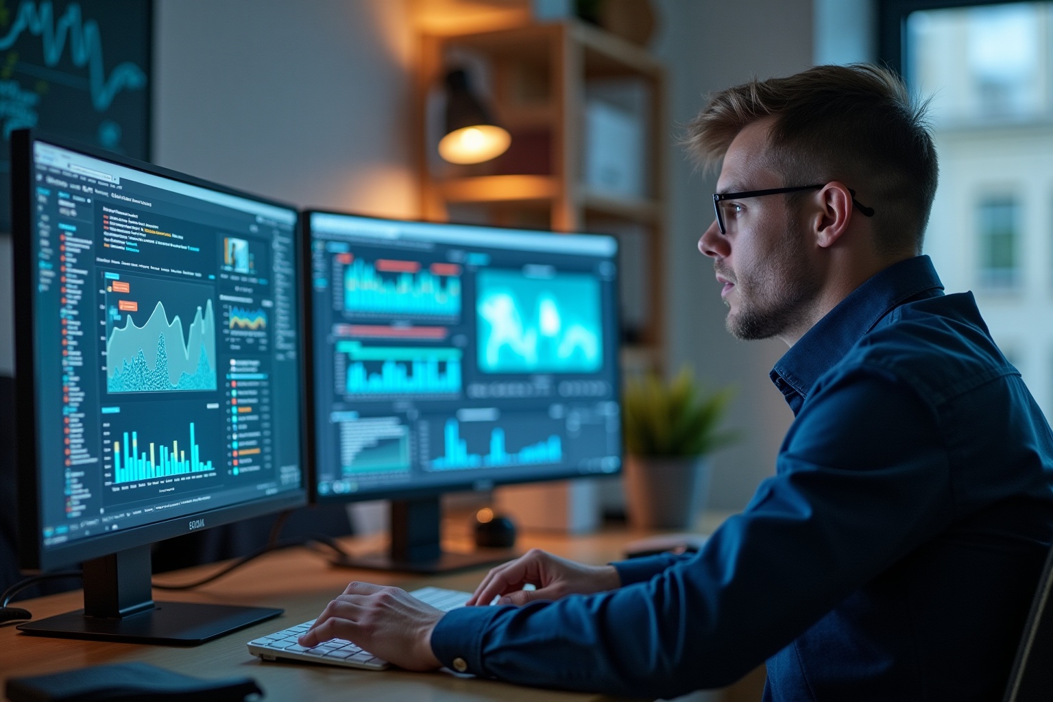 Homme concentré analysant des données financières sur plusieurs écrans d'ordinateur.