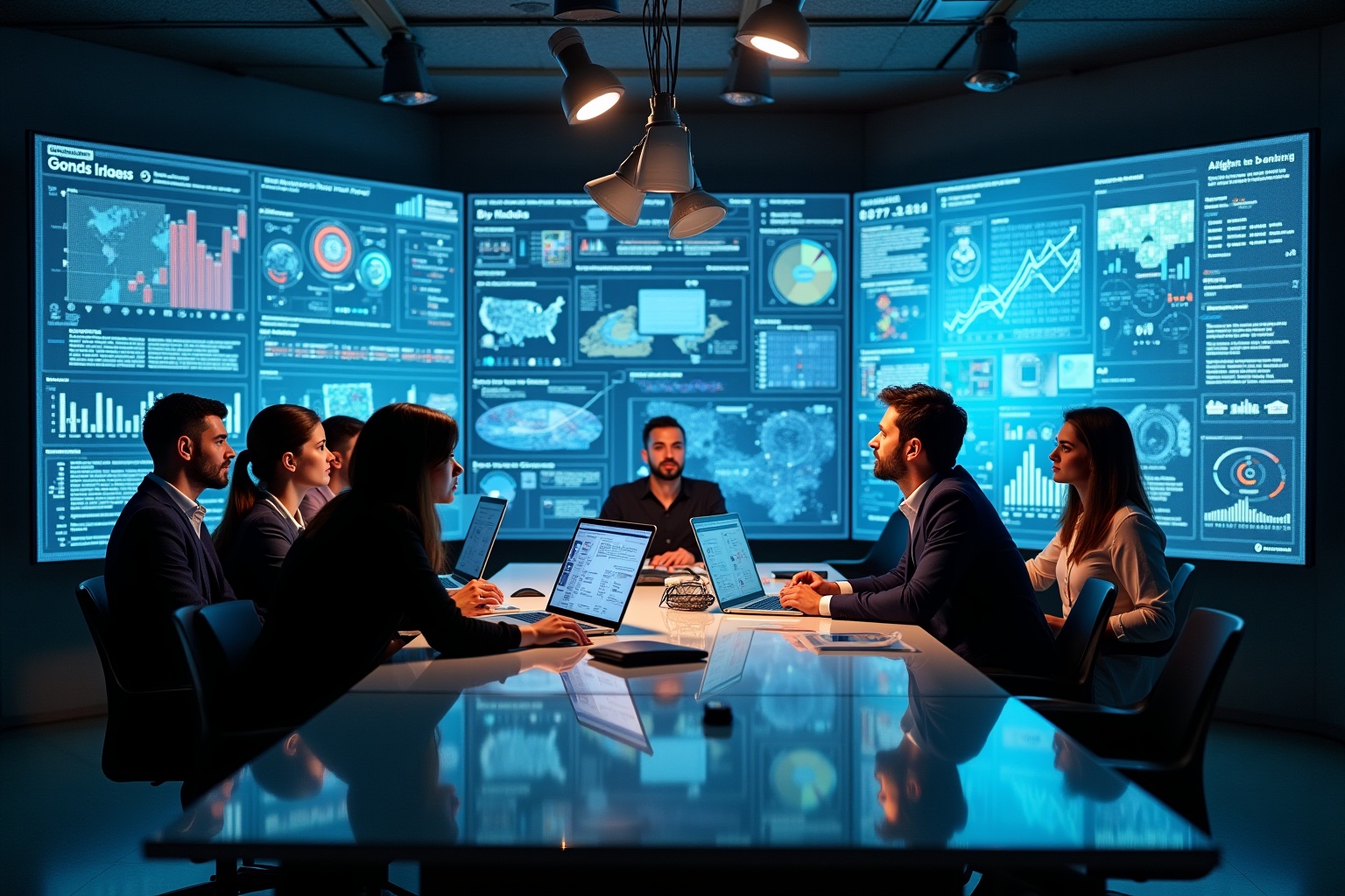 Équipe de professionnels analysant des données sur des écrans numériques dans une salle de réunion.