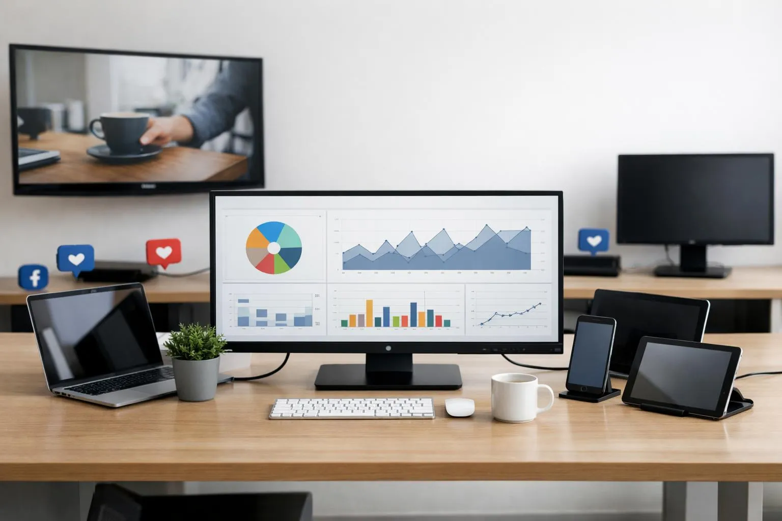 Bureau de travail avec ordinateur, graphiques et appareils électroniques.