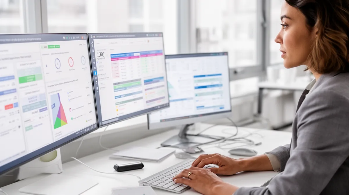 Femme d'affaires travaillant sur plusieurs écrans d'ordinateur dans un bureau moderne.