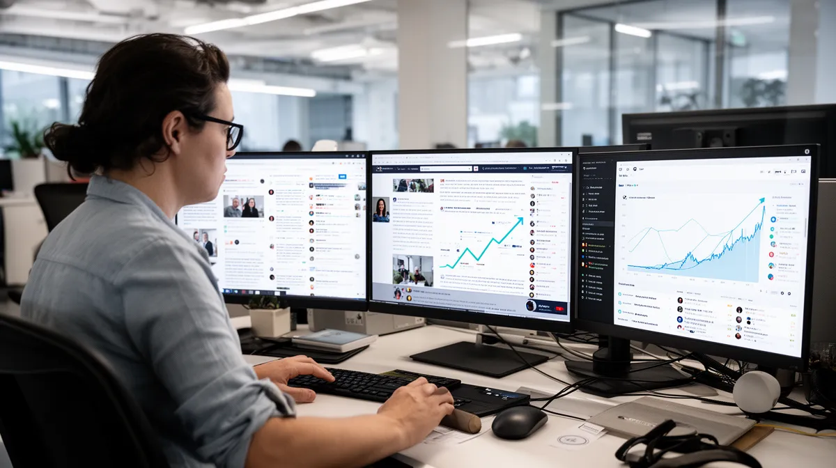Homme travaillant sur plusieurs écrans d'ordinateur dans un bureau moderne.