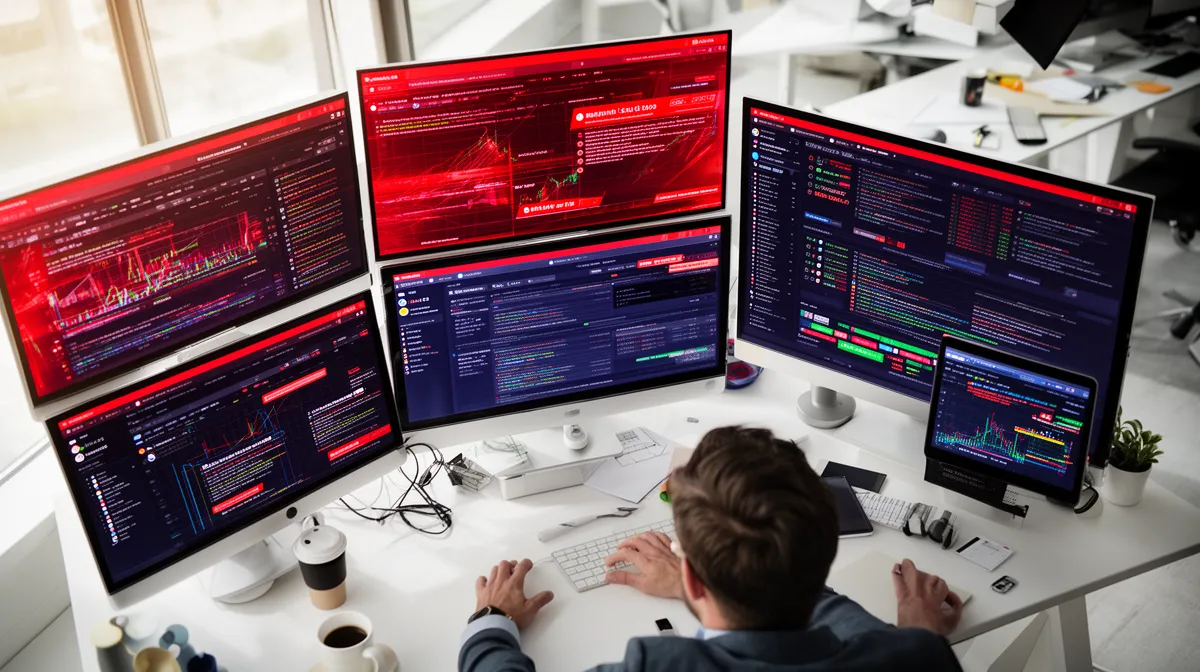 Écran d'ordinateur avec plusieurs fenêtres affichant des graphiques financiers et des données de programmation.