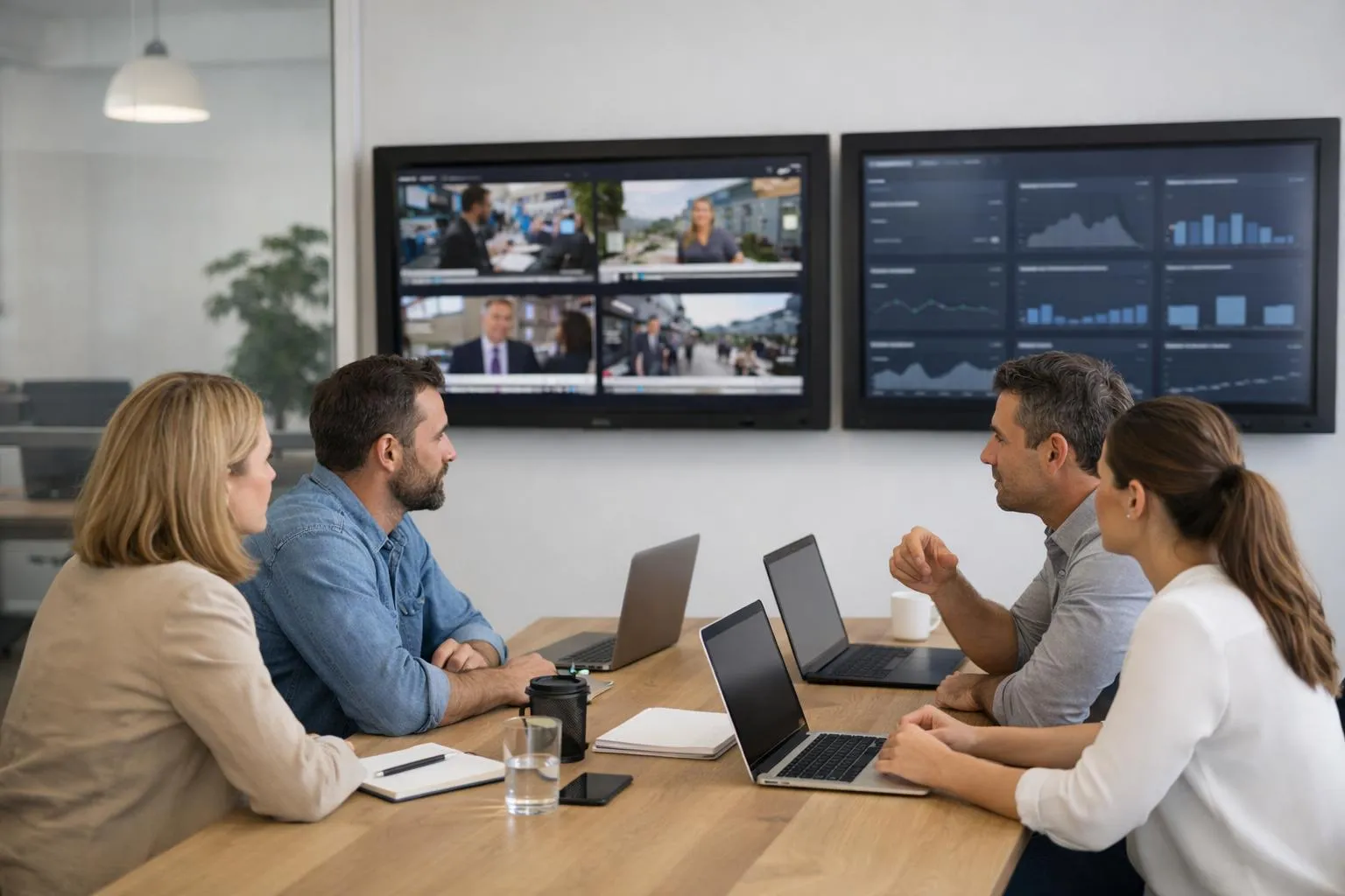 Marketing professionals examining real-time media monitoring analytics on large office displays showing sentiment analysis graphs and social media mentions, modern collaborative workspace with laptops and screens displaying news feeds and data dashboards