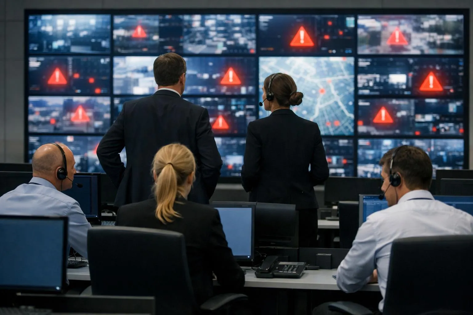Équipe de sécurité surveillant des écrans de contrôle dans un centre de surveillance.
