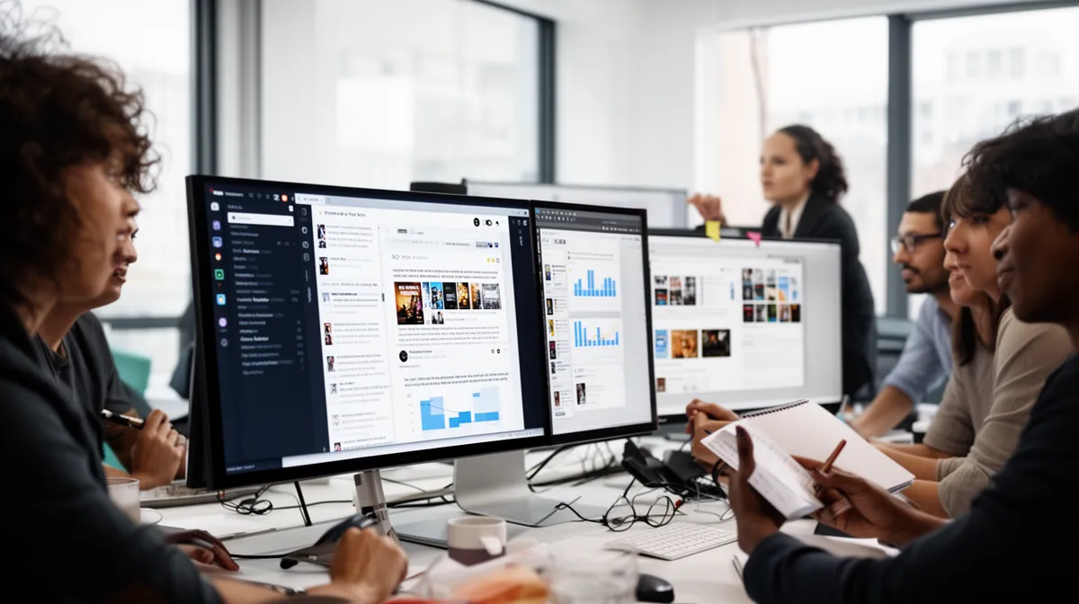 Équipe de professionnels analysant des données sur plusieurs écrans d'ordinateur.